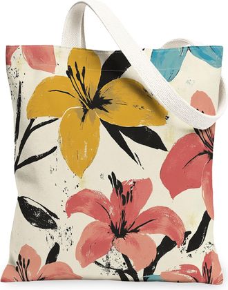 Generic Spring Daylily Flower Canvas Tote Bag for Shopping 13x15, Vintage Retro Florals Reusable Grocery Print Pattern Bag for Women, Fun Aesthetic Beach Aest