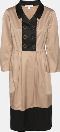 Paule Ka Beige/black Satin Long Sleeve Shirt Midi Dress