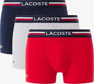 Lacoste Mens Lacoste 3-Pack Tricolour Waist Stretch Cotton Mens Trunks - Navy Blue/Silver Chine-Red W34 - Size: 37/36/32