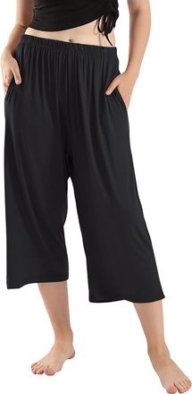 Generic Womens Cropped Trousers Loose Fit Wide Leg Pants with Pockets Cotton Capris Comfy Lounge Pajama Bottoms Casual Summer Yoga Pants Black