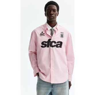 H&M Relaxed Fit Printed Cotton Poplin Shirt in Pink/sfca at Nordstrom, Size Xx-Large