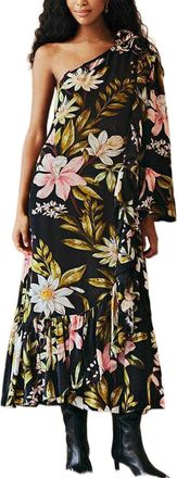 Farm Rio Surreal Flowers Black One Shoulder Ruffled Maxi Dress