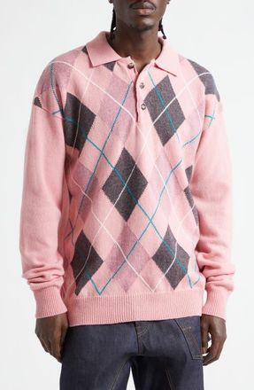J.W.Anderson x Pringle of Scotland Argyle Wool Polo in Bubblegum at Nordstrom, Size X-Large