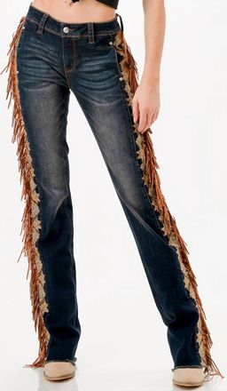 Grace in L.A. Tassel Trim Sides Mid-Rise Boot Cut Jean - 32 In Dark Denim