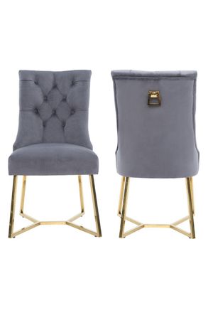 Life Interiors Set of 2 Ambra Modern Velvet Dining Chairs with Gold Legs, Ring Handle & Tufted Back in Grey