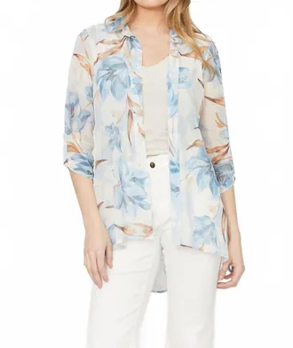 Frank Lyman Design Floral Sheer Buttoned Blouse In Porcelain