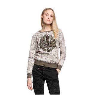 Aeronautica Camouflage Print Sweatshirt met Geborduurd Pailletten Paneel - Dames - Sweatshirts - Bruin - 2XL - Pailletten - Hoodies & sweatvesten
