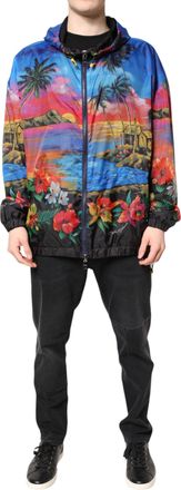 Dolce & Gabbana Mens Tropical Sunset Print Windbreaker - Sky Blue - Size EU 50 (Mens)