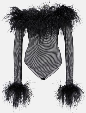 Oséree Feather-trimmed mesh bodysuit
