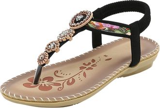 Generic Beach Sandals For Women Bohemian Slip On Sandals Fashion Flat Sandal Casual Thong Sandal Adjustable Ankle Strap Shoes T-Bar Anti Slip Shoes Sturdy Gri