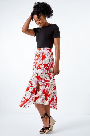 Roman Tropical Floral Midi Skirt