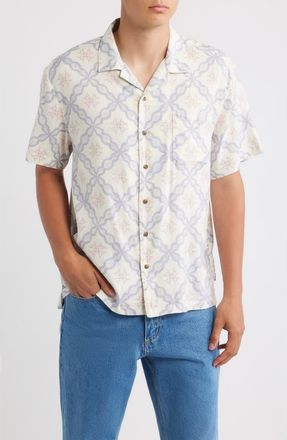 Brixton Bunker Slub Print Camp Shirt in Off White/blue Tile at Nordstrom, Size Xx-Large