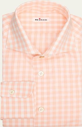 Kiton Mens Tonal Check Cotton Dress Shirt with Mother-of-Pearl Buttons