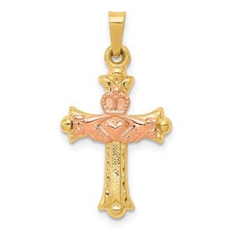 Diamond2Deal 14k Two-tone Gold Claddagh Cross Pendant