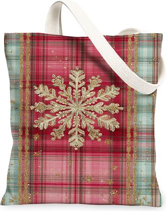 Generic Winter Snowflake Canvas Tote Bags, Festive Plaid Design Reusable Shopping Bags, Lightweight Washable Shoulder Strap Canvas, Red, 13x15 Inch