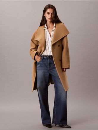 Calvin Klein Womens Wool Blend Funnel Neck Coat - Brown - XL