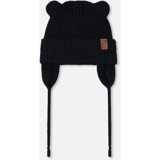 Deux par Deux Gender Inclusive Logo Patch Ribbed Knit Hat in Black at Nordstrom, Size 18-24 M