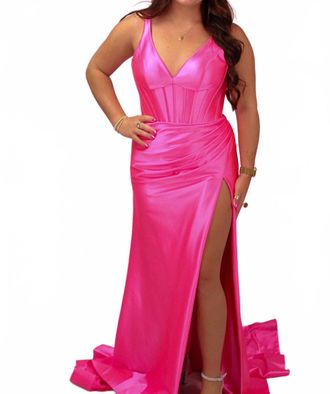 Sherri Hill Corset Fitted Silky Stretched Satin Gown In Fuchsia