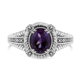 House of Brilliance 925 Sterling Silver Natural Oval Shape 9X7 MM Purple Amethyst Solitaire and Diamond Accent Ring