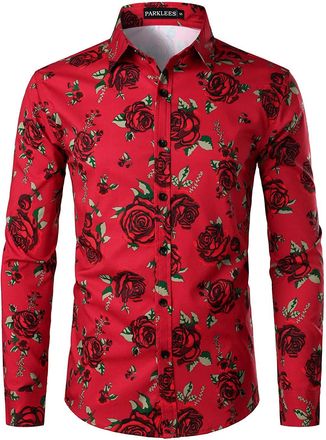 PARKLEES Mens Fashion Urban Design 3D Printed Slim Fit Long Sleeve Button Up Dress Shirts Red Rose L