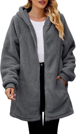 Generic Ladies Fleece Jackets Full Zip with Hooded, Warm Teddy Fleece Longline Hoodie with Pockets, Ladies Soft Plush Long Coat for Winter, Outdoor thermal Ja
