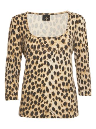 Just Cavalli embellished animal-print top - women - Cotton/Elastane - L - Neutrals