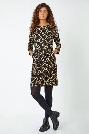 Roman Geometric Print Pocket Shift Dress