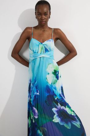 Karen Millen Womens Ombre Floral Soft Pleated Woven Strappy Maxi Dress - Blue - Size 10 UK