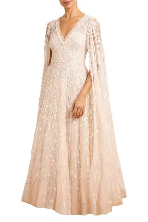 Needle & Thread Comet Embellished Cape V-Neck Maxi Dress in Cream at Nordstrom, Size 16