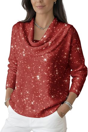 Generic Womens Christmas Oversized Cowl Neck Sweater Long Sleeve Lightweight Pullover Xmas Printed Casual Top (Red,L)