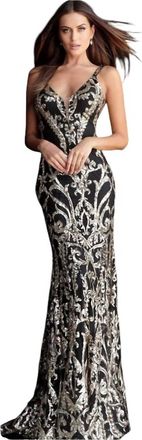 Jovani Metallic Sequined Plunging Long Gown In Black/silver