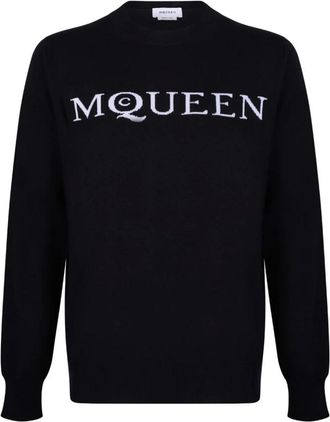 Alexander McQueen Alexander McQueen, Round-neck Knitwear, male, Blue, Size: L Intarsia-Knit Logo Sweater