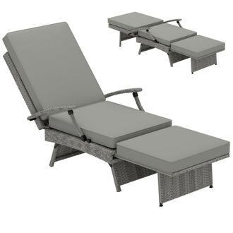OUTSUNNY Foldable Rattan Garden Recliner Chair w/ Cushion - Footrest - Cream | TJ Hughes