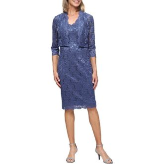 S.L. Fashions Sequin Stretch Lace Sheath Sleeveless Dress with Jacket in Wedgewood at Nordstrom, Size 10