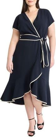 Maggy London Contrast Trim Short Sleeve Faux Wrap Dress in Twilight Navy at Nordstrom Rack, Size 16 W
