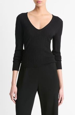 Vince Pointelle Wool-Blend V-Neck Top in Black at Nordstrom Rack, Size Medium