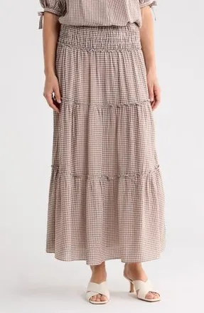 Max Studio Gingham Tiered Skirt in Taupe/Cream at Nordstrom Rack, Size X-Small