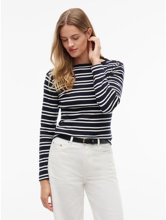 Tommy Hilfiger Womens Gold-Button Striped Boatneck T-Shirt - Navy Stripe - XXL
