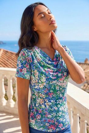 Roman Floral Print Cowl Neck Stretch Top