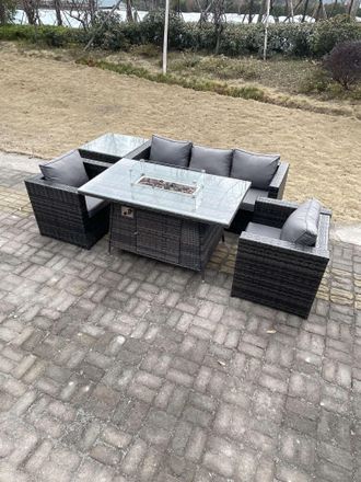 Fimous Outdoor PE Rattan Garden Furniture Gas Fire Pit Dining Table Armchairs With Side Coffee Table Dark Grey Mixed