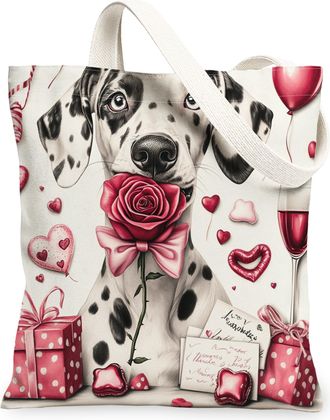 Generic Valentines Day Dalmatian Dog Canvas Tote Bag for Shopping 13x15, Fun Vintage Puppy Reusable Grocery Print Pattern Bag for Women, Lover Beach Aesthetic