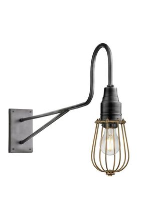 Industville Long Arm Wire Cage Wall Light, 4 Inch, Brass, Pewter Holder
