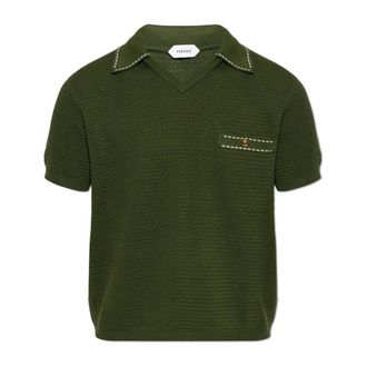 Versace V-neck Knitwear, male, Green, Size: XL Pocket Polo Shirt