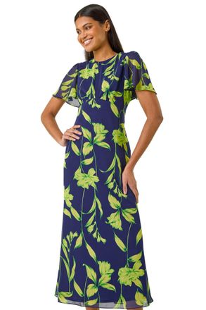 Roman Womens Leaf Print Back Tie Midi Dress - Navy - Size 10 UK