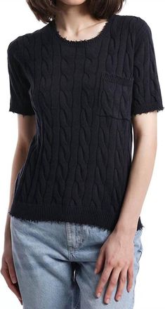 Minnie Rose Cotton Frayed Cable Tee In Navy