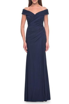 La Femme Off the Shoulder Jersey Evening Gown with Ruching in Navy at Nordstrom, Size 6