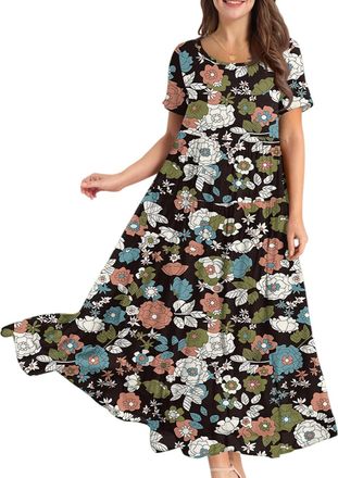Generic Summer Dresses for Women UK, Womens Plus Size Summer Maxi Dresses Casual Short Sleeve Crew Neck Swing Long Sundress Flowy Tiered Party Dress for Beach
