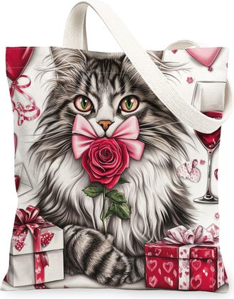 Generic Valentines Day Squirrel Canvas Tote Bag for Shopping 13x15, Fun Vintage Animal Lover Reusable Grocery Print Bag for Women, Holiday Beach Aesthetic Pai