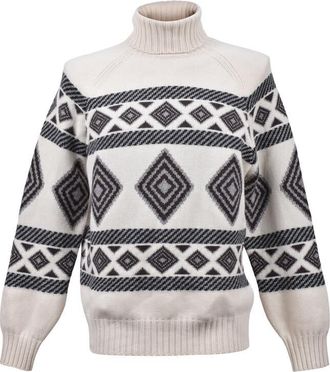Brunello Cucinelli MenS White Black Cashmere Patterned Turtleneck Sweater, Size 44