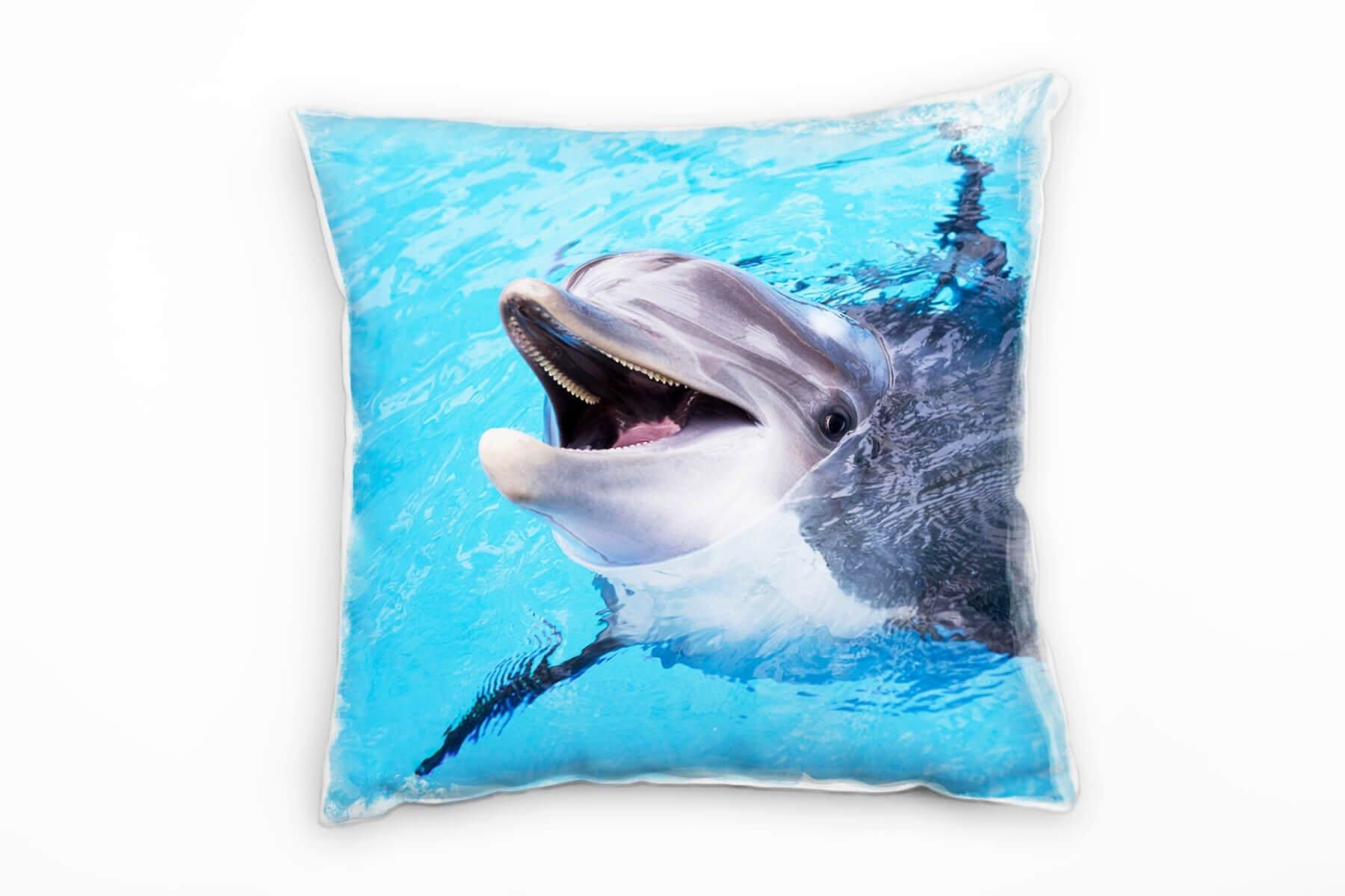 CaliTime Kissenbezug 40x40 Cm – Chenille Bezug Mit Blättern, Beidseitig, Ecru/blau, Mit Reißverschluss